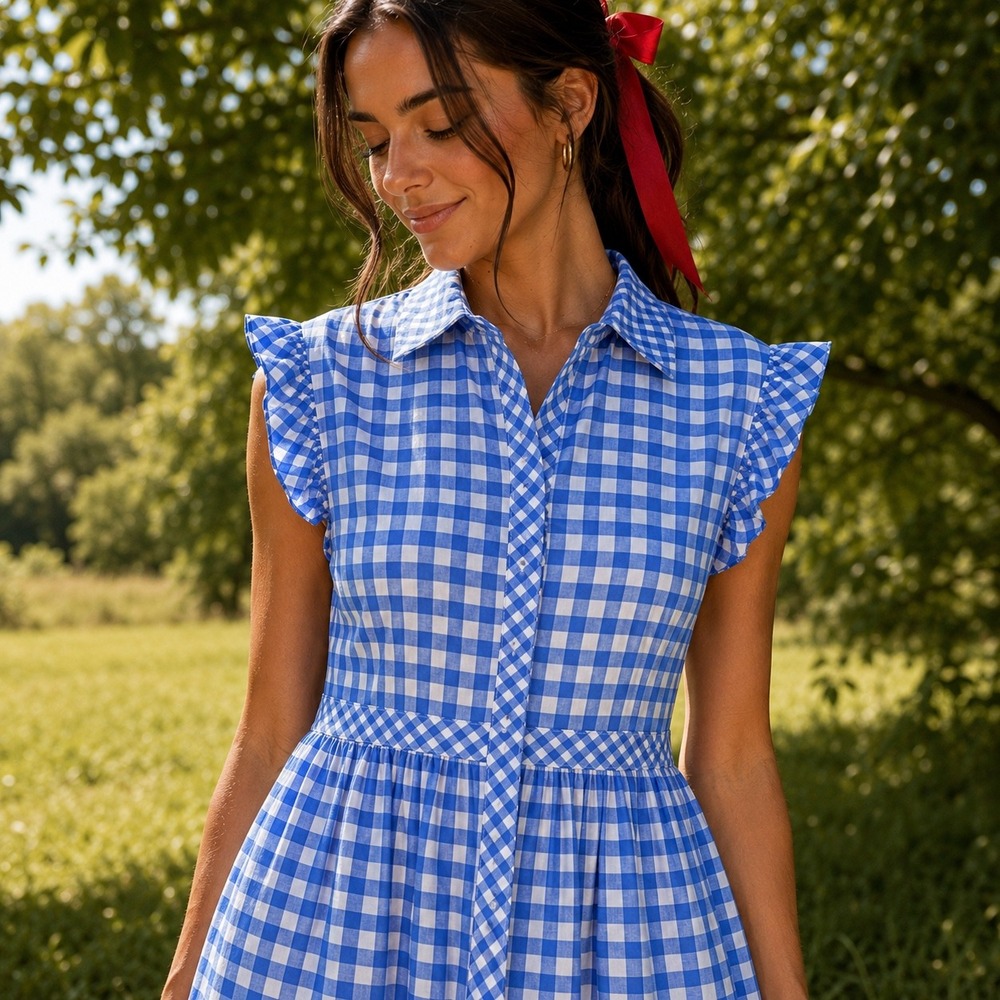Draper James Patio Shirtdress Blue Gingham Flutter Sleeve Midi Dress 8 Medium - Picture 3 of 8